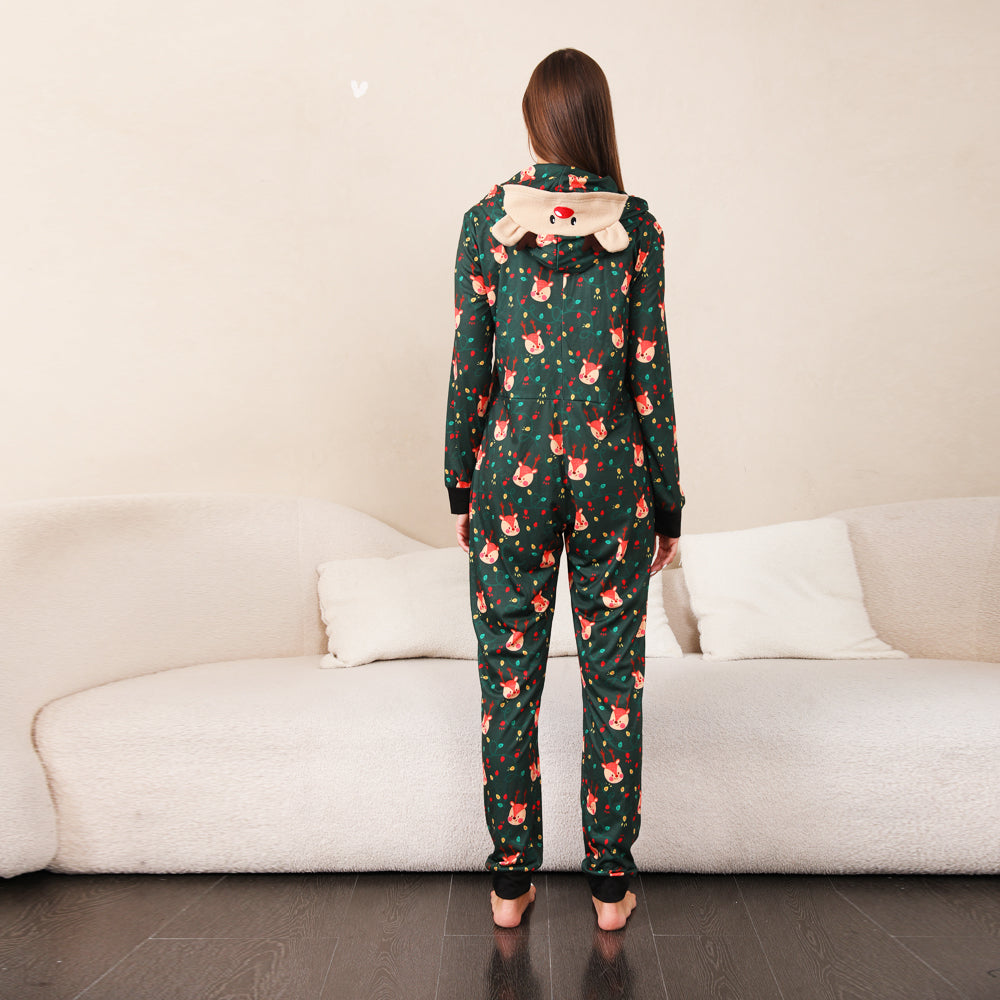 Passende Pyjama-Einteiler mit grünem Fuchs und Weihnachtslichtbirnen-Print