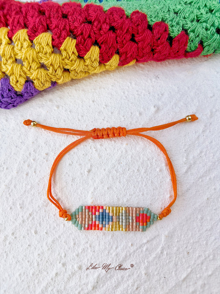 Pulsera De Cuentas Con Cordón Ajustable Naranja Geométrica