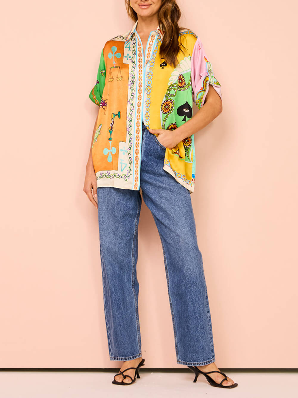 Lustige sommerliche, einzigartige Print-Button-Down-Oversize-Bluse