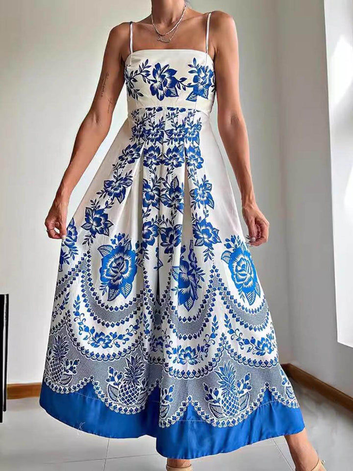 Floral Etnisk Print Tilbake Smocked Loose Midi Dress