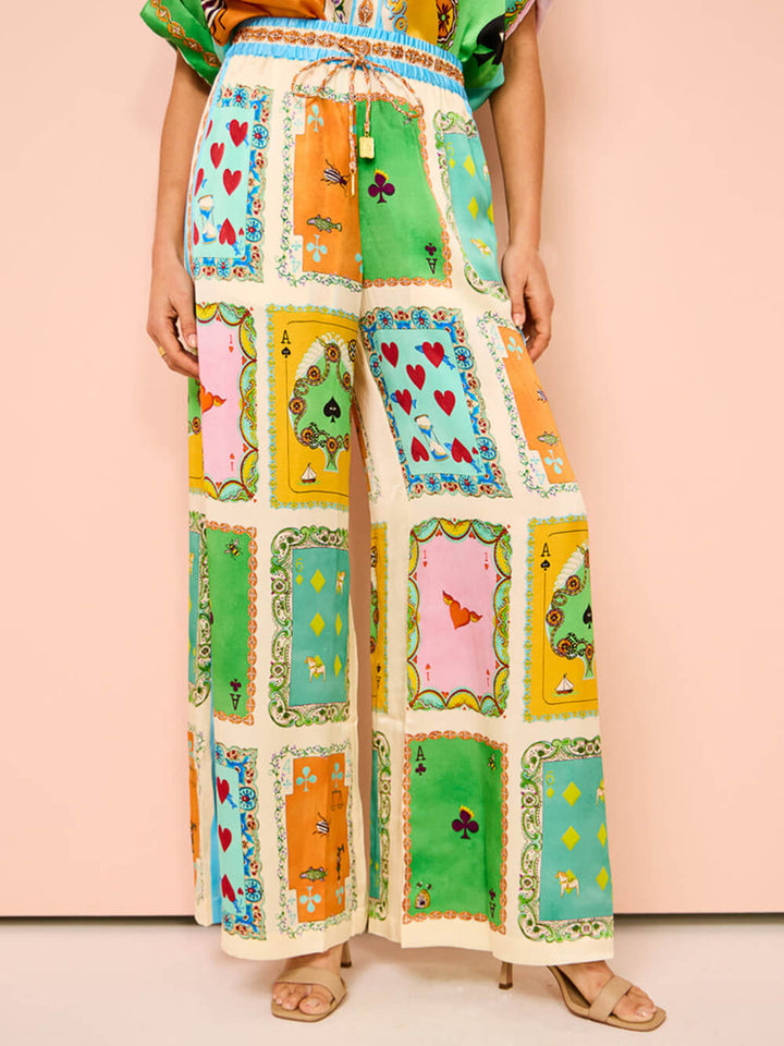 Funny Summer Unique Print Elastisk Talje Pocket Wide Leg Bukser