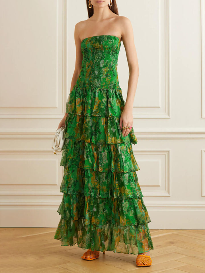 Strapless gelaagde maxi-jurk met bandeau-bloemenprint