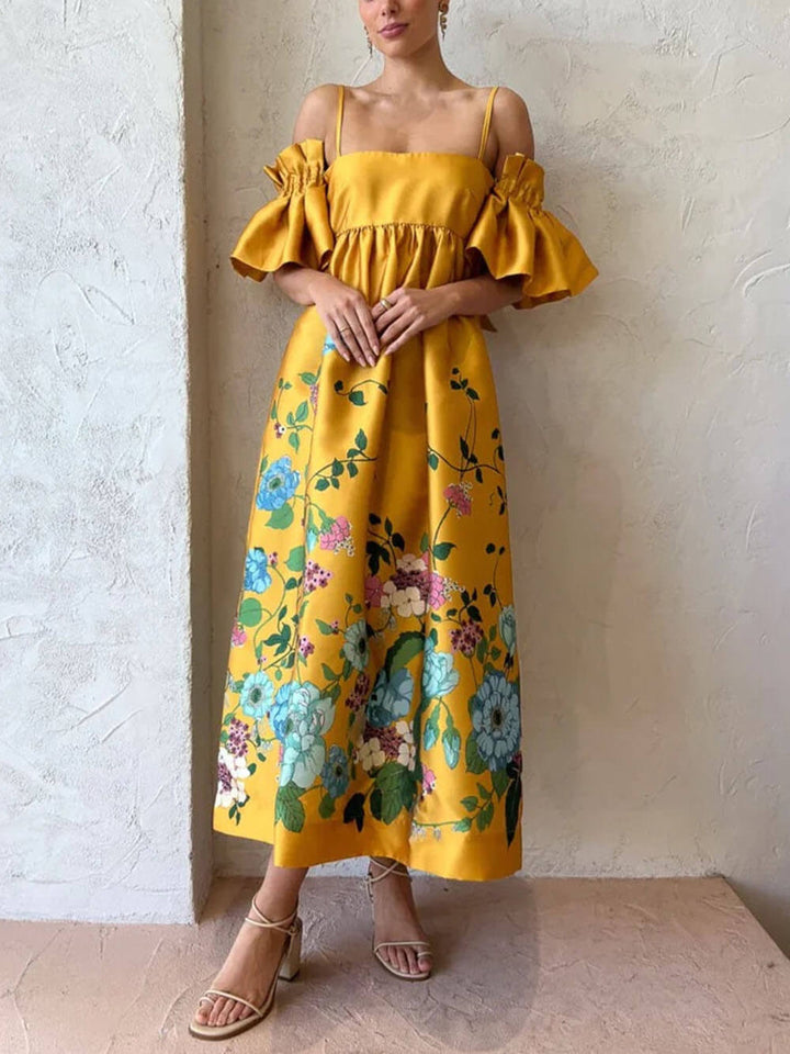 Marigold Printed Gathered Sleeve Taskullinen A-linjainen Midi-mekko