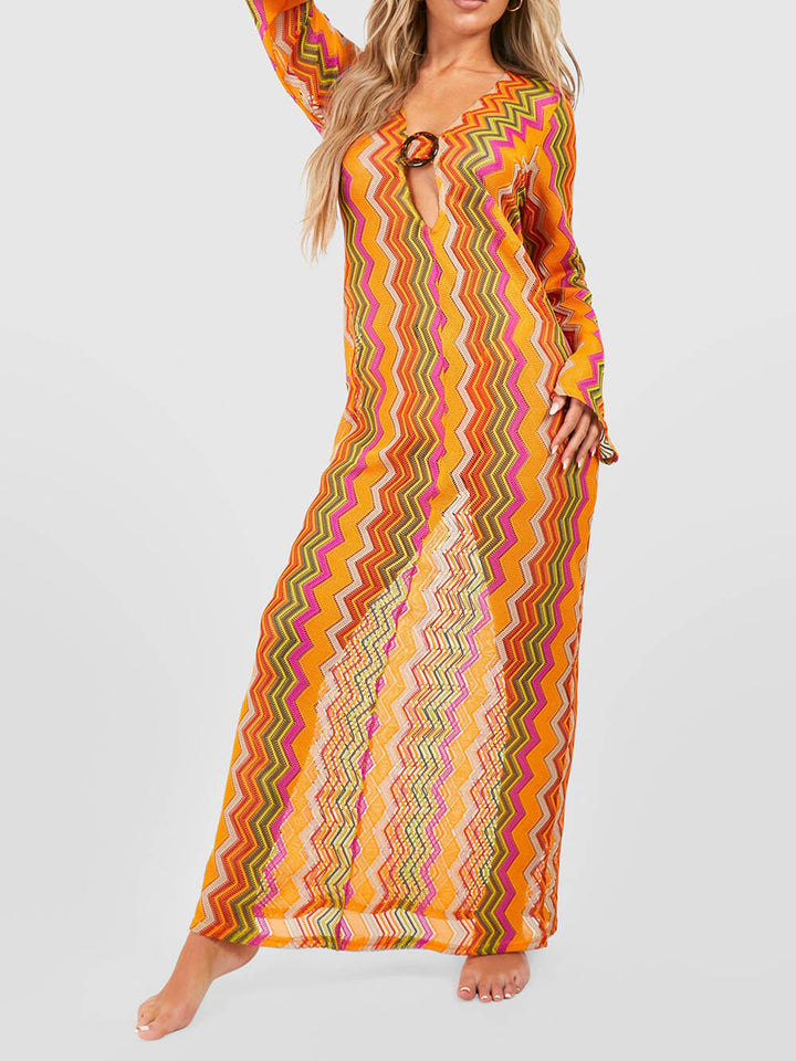فستان شاطئ طويل الأكمام بطبعة شريطية برتقالية اللون