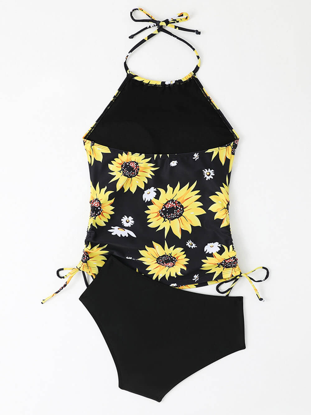 Conjunto de tankini con cordón y cuello halter con estampado de girasol