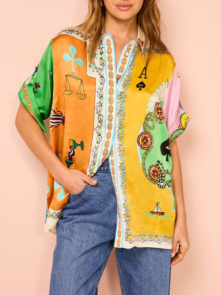 Funny Summer Unique Print Button Down Oversized Blouse