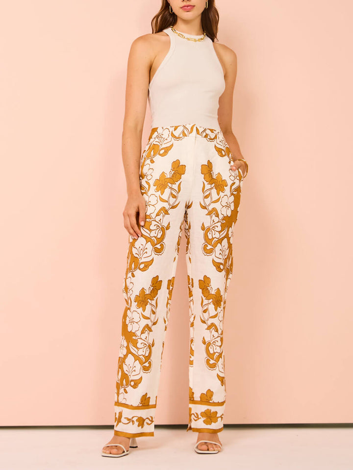 Pantalones con bolsillo sueltos y cintura elástica casual con estampado floral