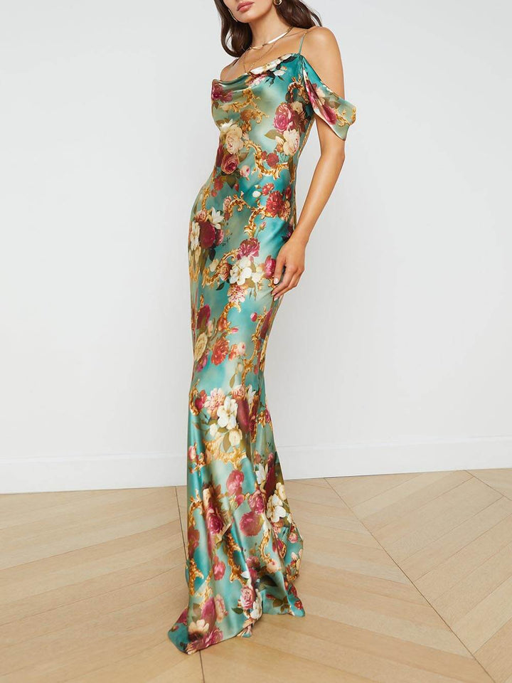 Stralende off-the-shoulder maxi-jurk met print