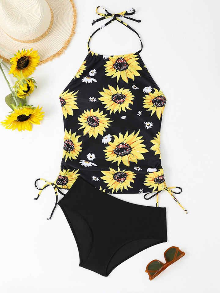 Sunflower Print Halter Neck Snøre Tankini Sæt