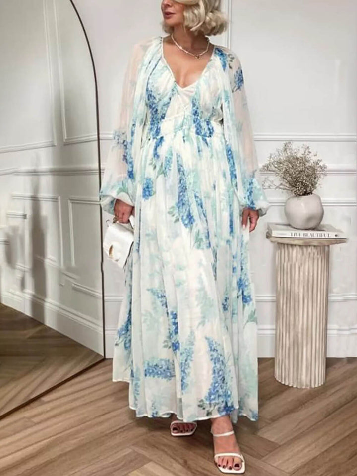 Robe longue à fleurs en mousseline de soie à fleurs d'océan avec cordon de serrage à la taille