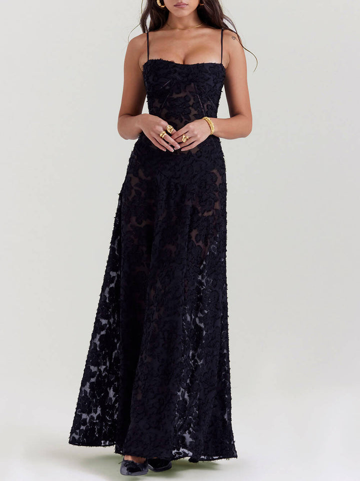 Vestido largo con espalda de encaje floral negro