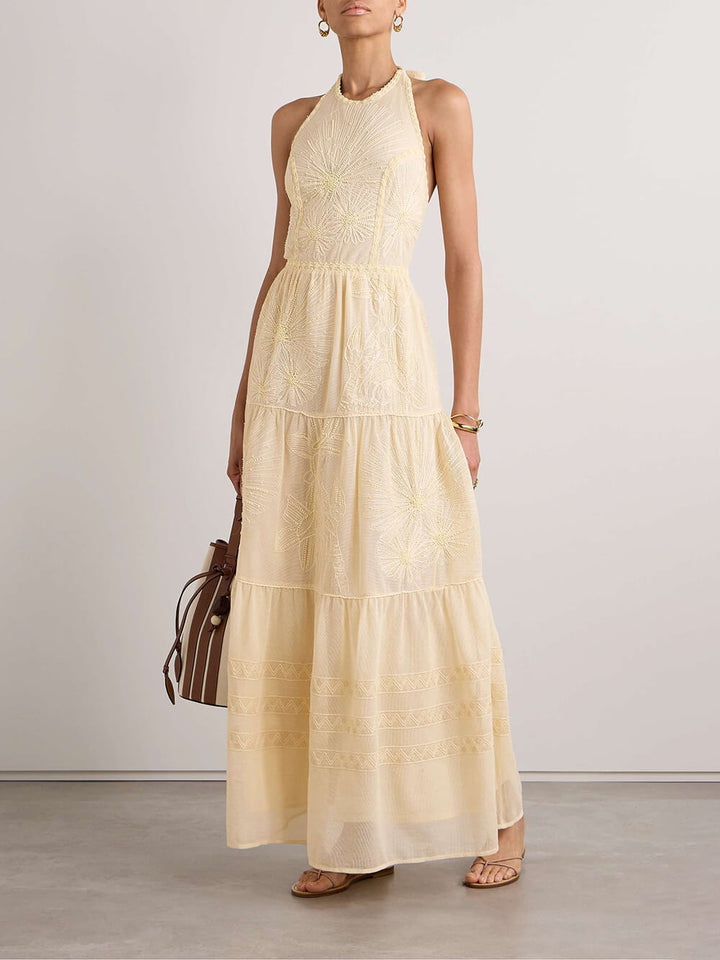Elegante versierde maxi-jurk met halternek van kant en mesh