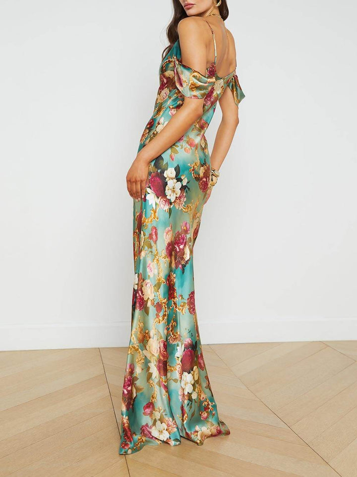 Stralende off-the-shoulder maxi-jurk met print