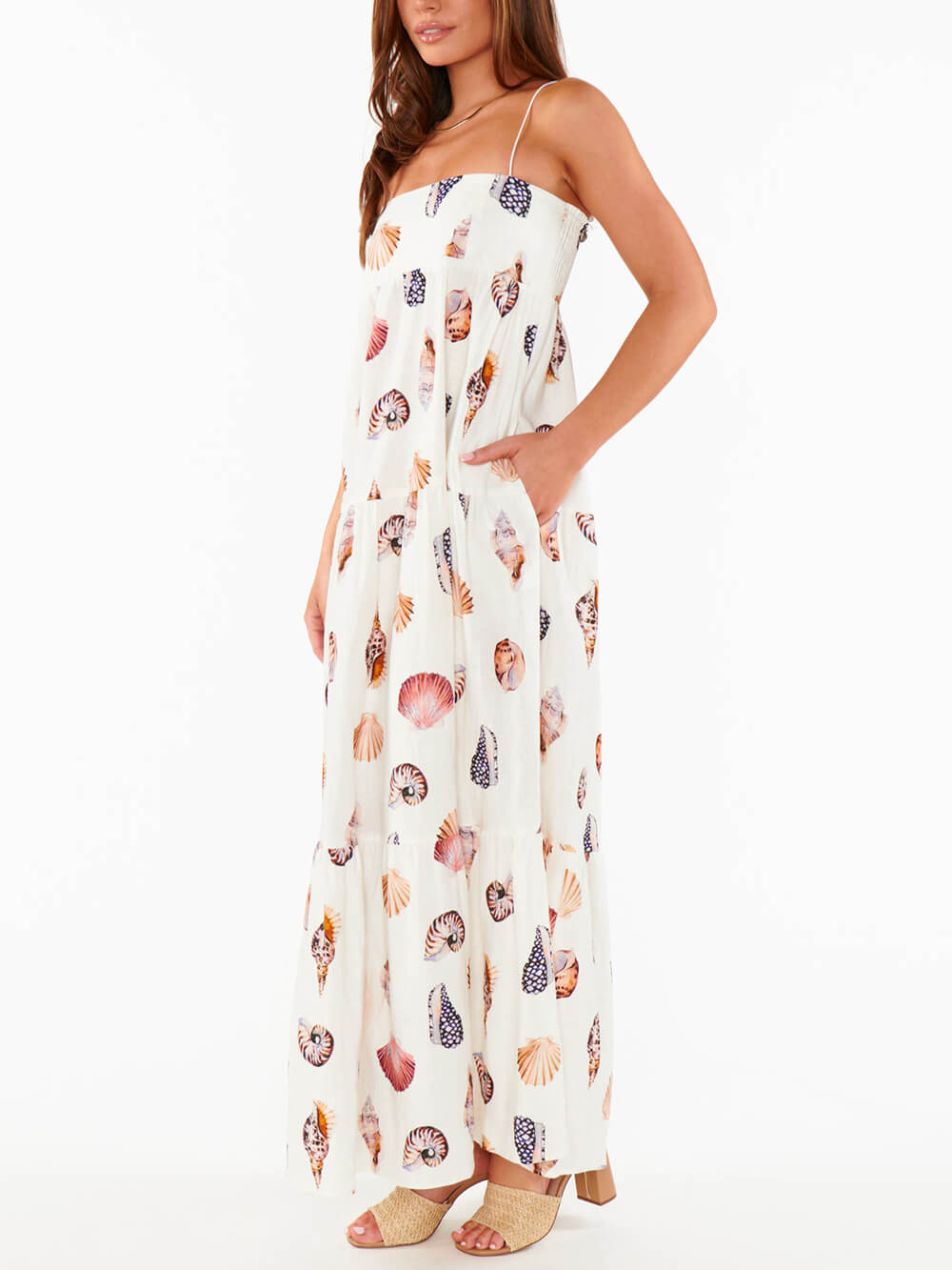 Unik Shell Conch Print Plisserte lommer Lett maxi kjole