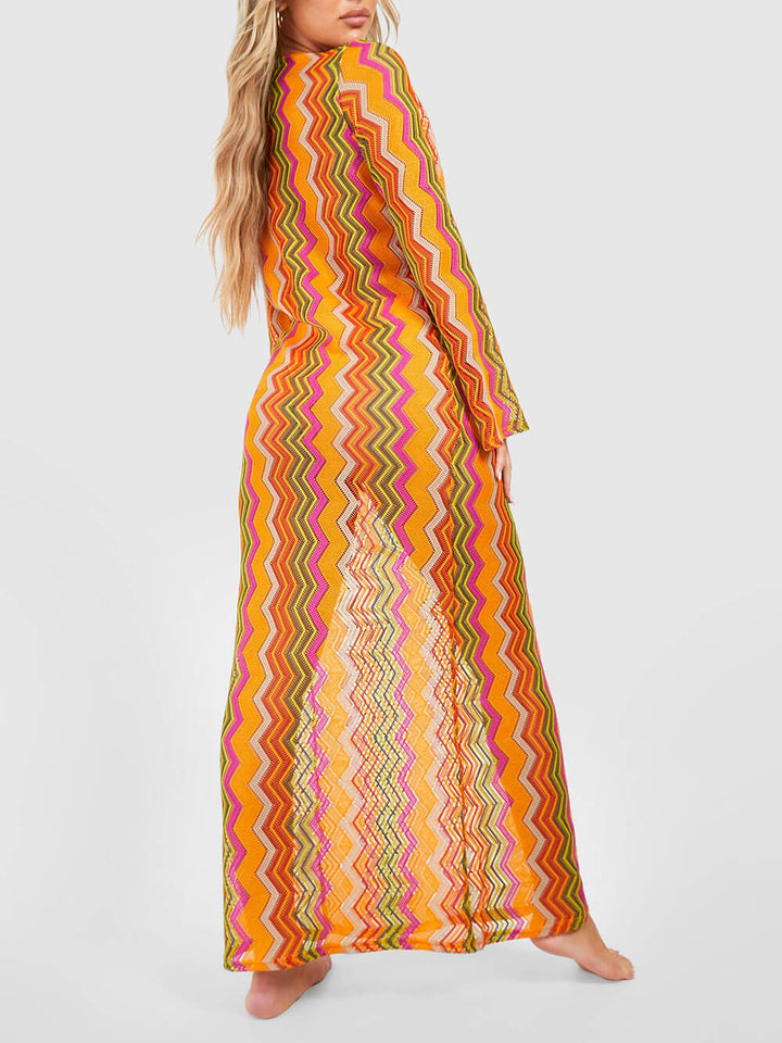 Μακρυμάνικο μάξι φόρεμα παραλίας με πορτοκαλί σόδα με στάμπα O-Ring