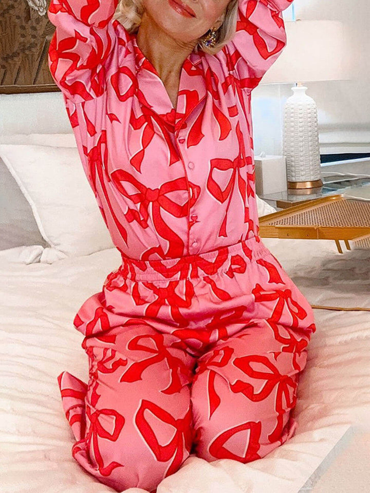 Sløyfe Print Lapel Home Pyjamas Set