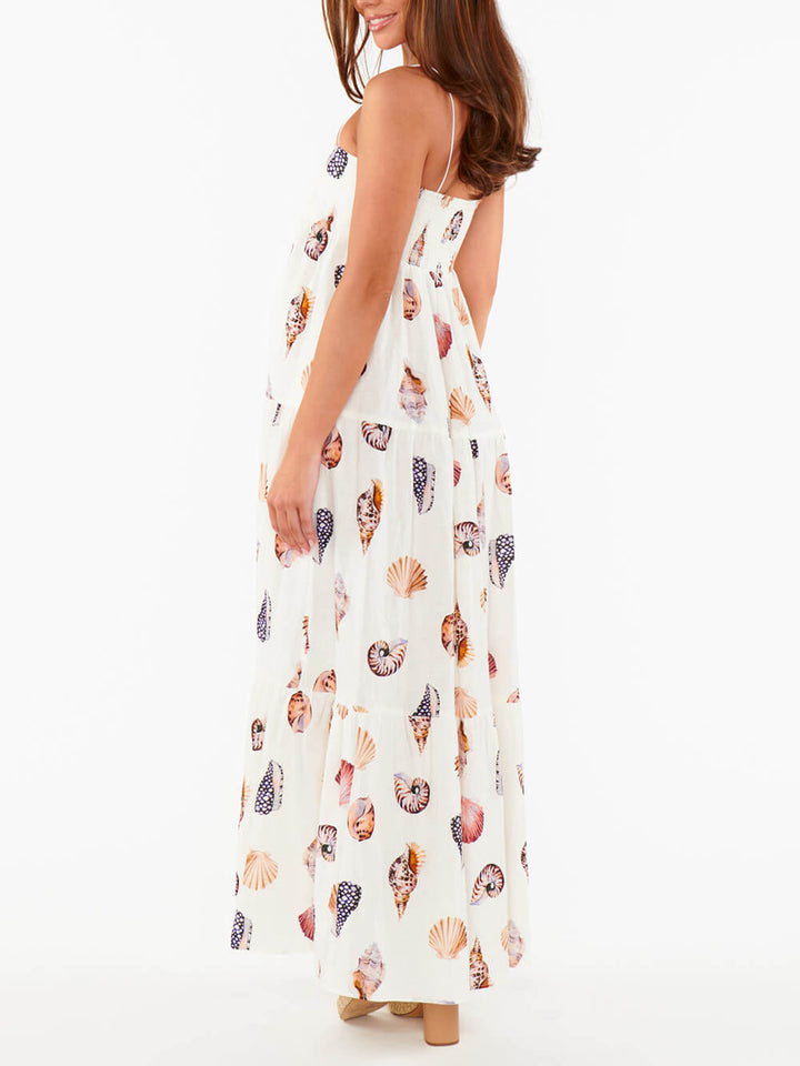 Unik Shell Conch Print Plisserte lommer Lett maxi kjole