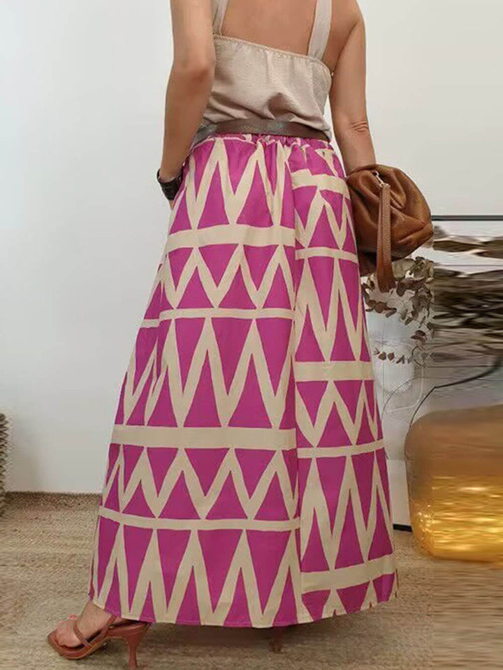 Maxi sukně s elastickými kapsami vzadu v pase s trojúhelníkovým potiskem