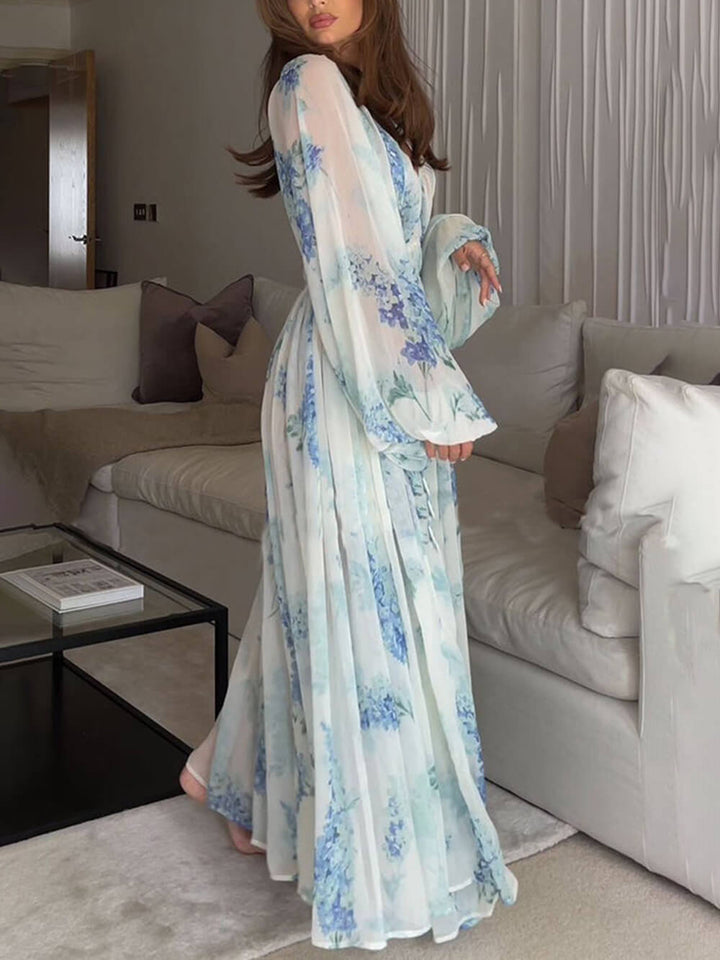 Robe longue à fleurs en mousseline de soie à fleurs d'océan avec cordon de serrage à la taille