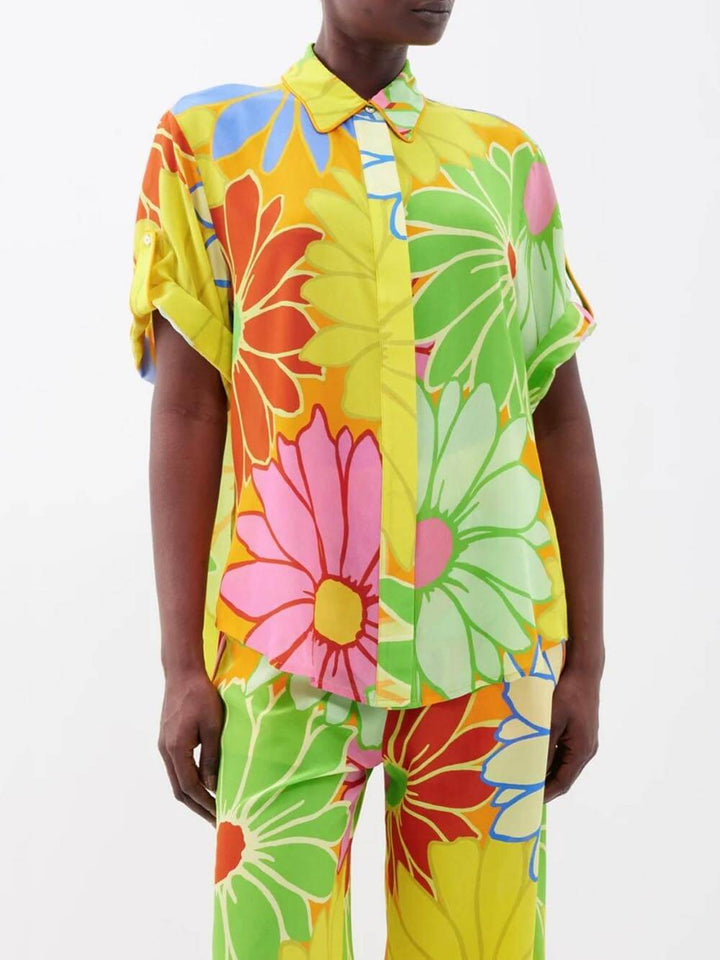 Camisa De Botonadura Simple Con Solapa Suelta Y Estampado Floral De Moda