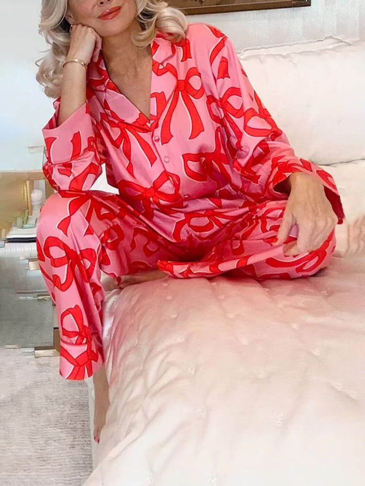 Bow Print Lapel Home Pyjamas Set