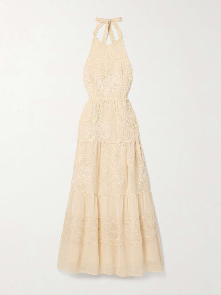 Κομψό διακοσμημένο μάξι φόρεμα με δαντέλα και διχτυωτό λαιμό