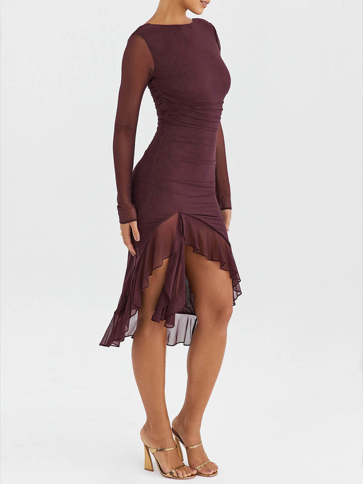 Vestido midi con volantes en vino