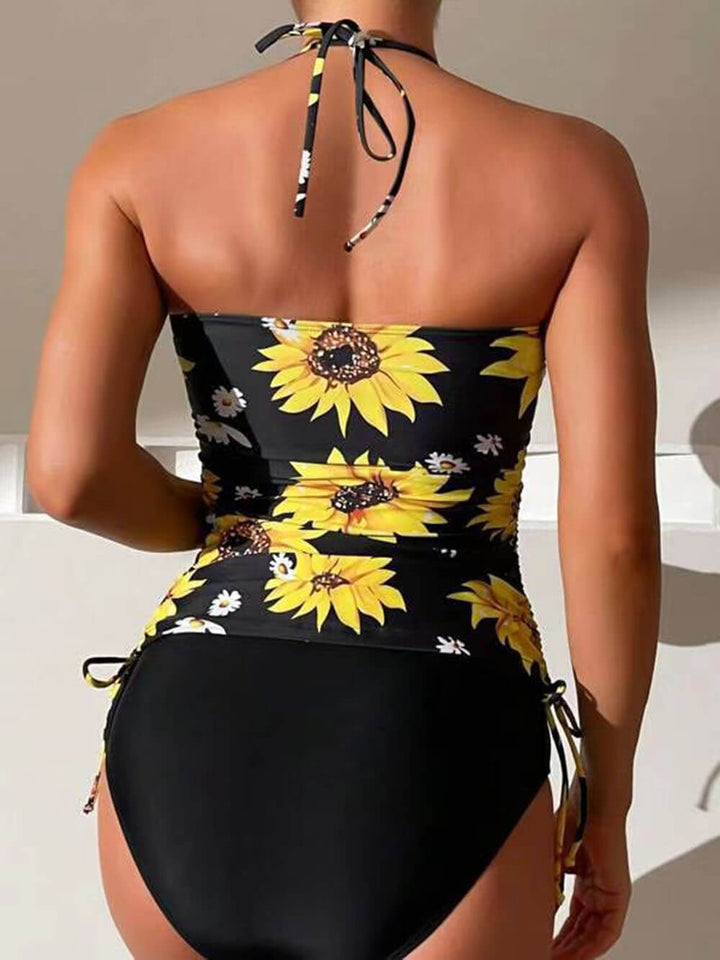 Conjunto de tankini con cordón y cuello halter con estampado de girasol