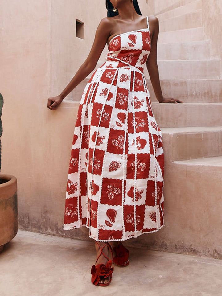 Floral Trim Ainutlaatuinen painettu yksi olkapää levenevä maxi mekko