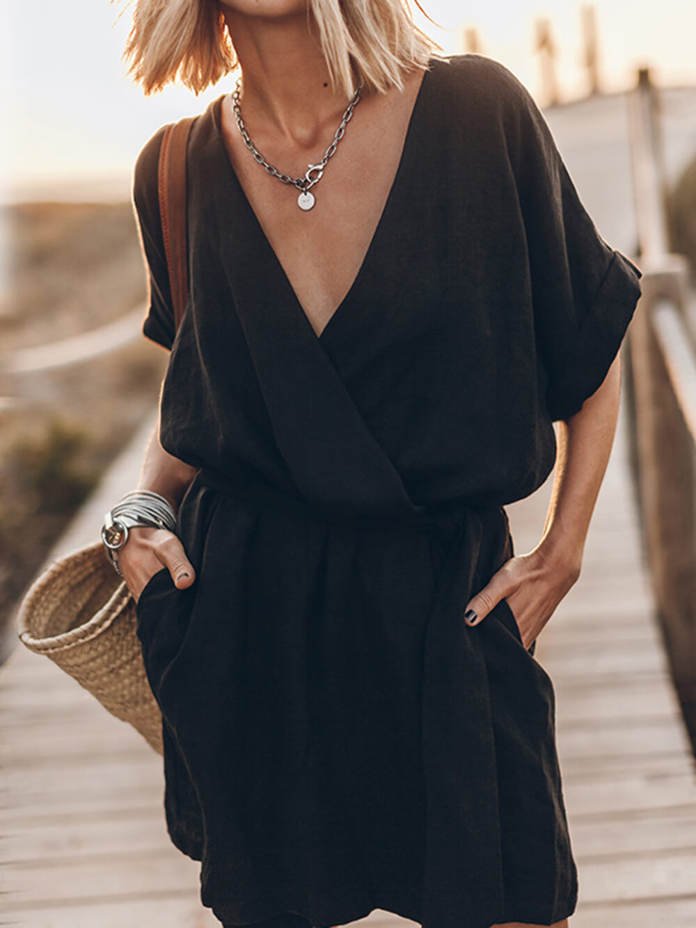 Breezy Leisure Kimono-Minikleid mit Taschengürtel