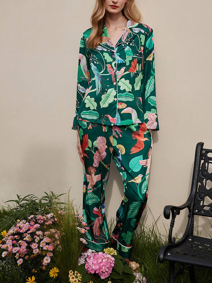 Green Parrot Print Silk Pajama Set