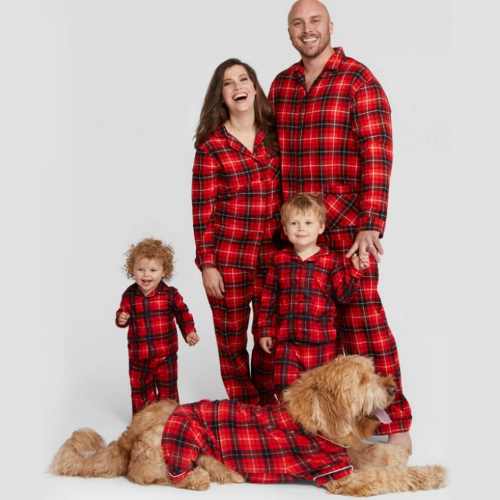 เสื้อเชิ้ตลายตารางคริสต์มาสสีแดง ชุดพ่อแม่ลูก (พร้อมเสื้อผ้าสุนัขสัตว์เลี้ยง)