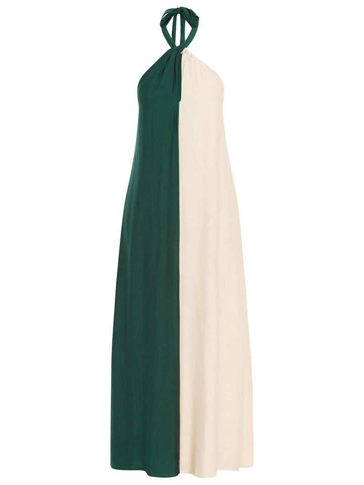 Robe longue trapèze avec poches à col suspendu et couleur contrastée audacieuse