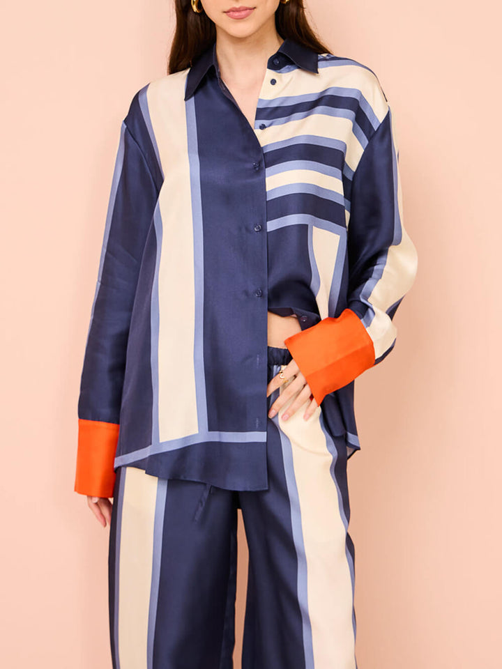 Utsökt unikt randigt tryck Patchwork Kutton oversized blus