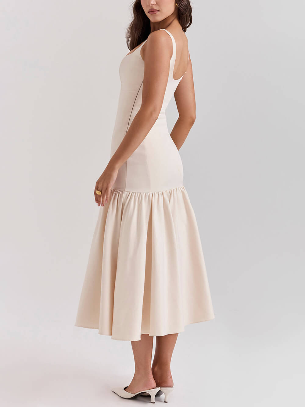 Graceful Square Neck Wide Strap Drop Waist Midi Dress