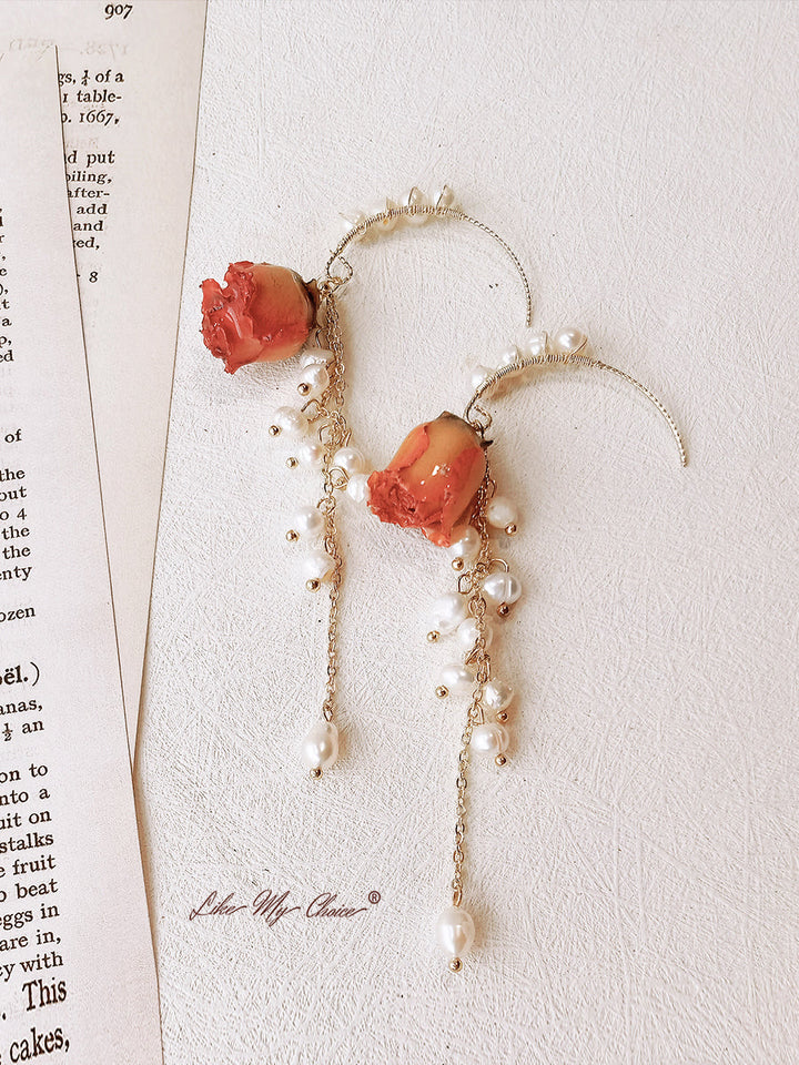 Pendientes de flores prensadas - Flor de rosa seca perla