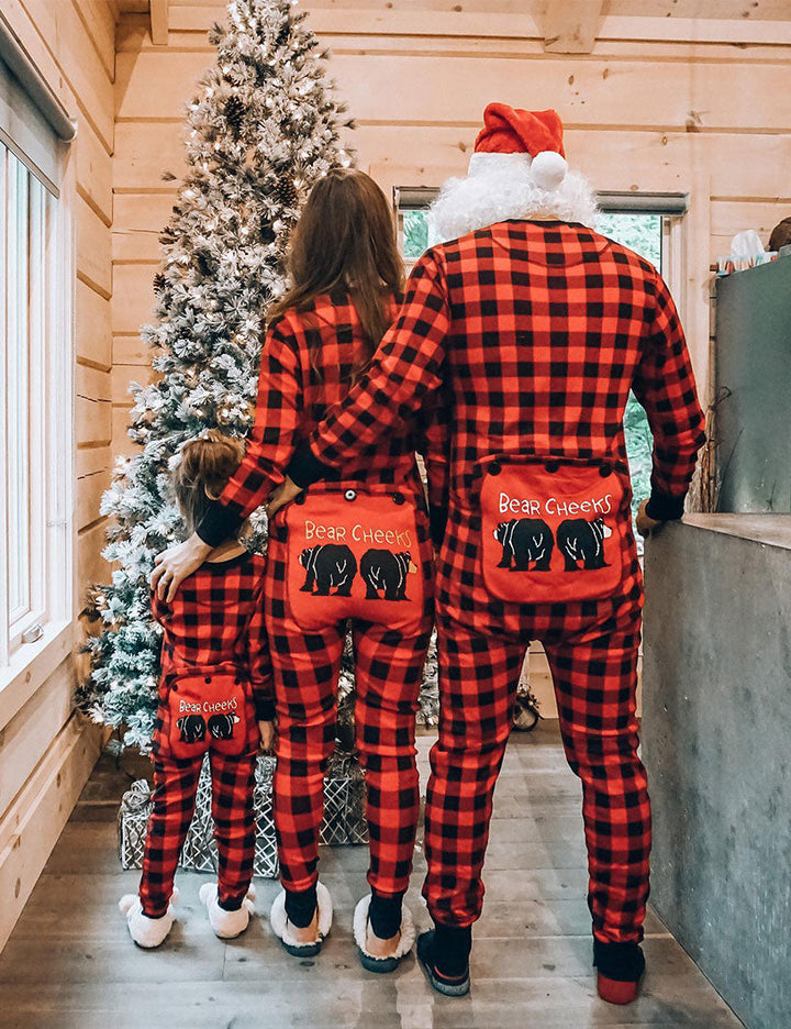 Σετ χριστουγεννιάτικων οικογενειακών ασορτί πιτζάμες με χαριτωμένο μοτίβο αρκούδας καρό Onesies