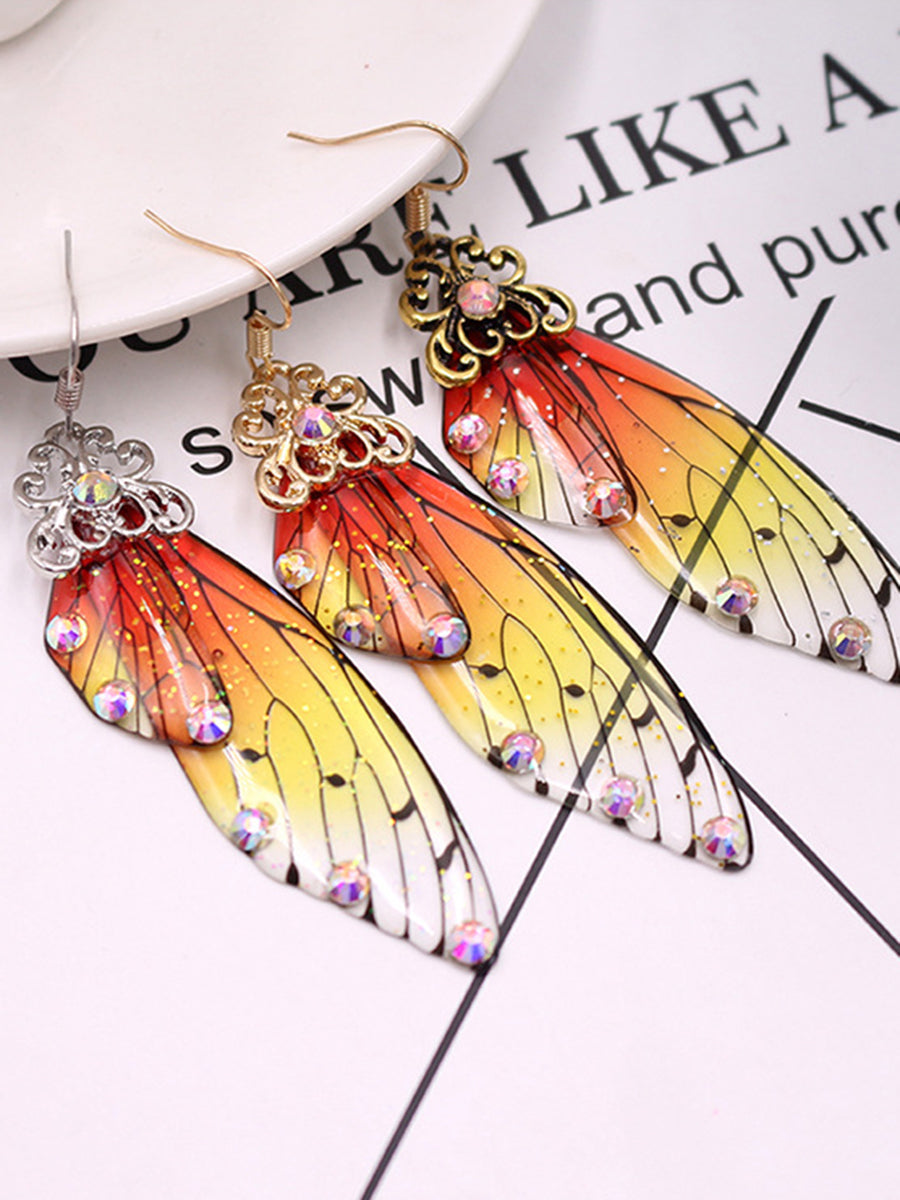 Schmetterlingsflügel, gelbe Strass-Zikadenflügel-Kristall-Ohrringe