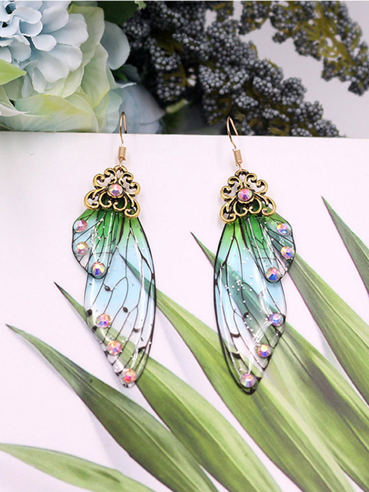 Butterfly Wing Green Rhinestone Cicada Wing Crystal øreringe