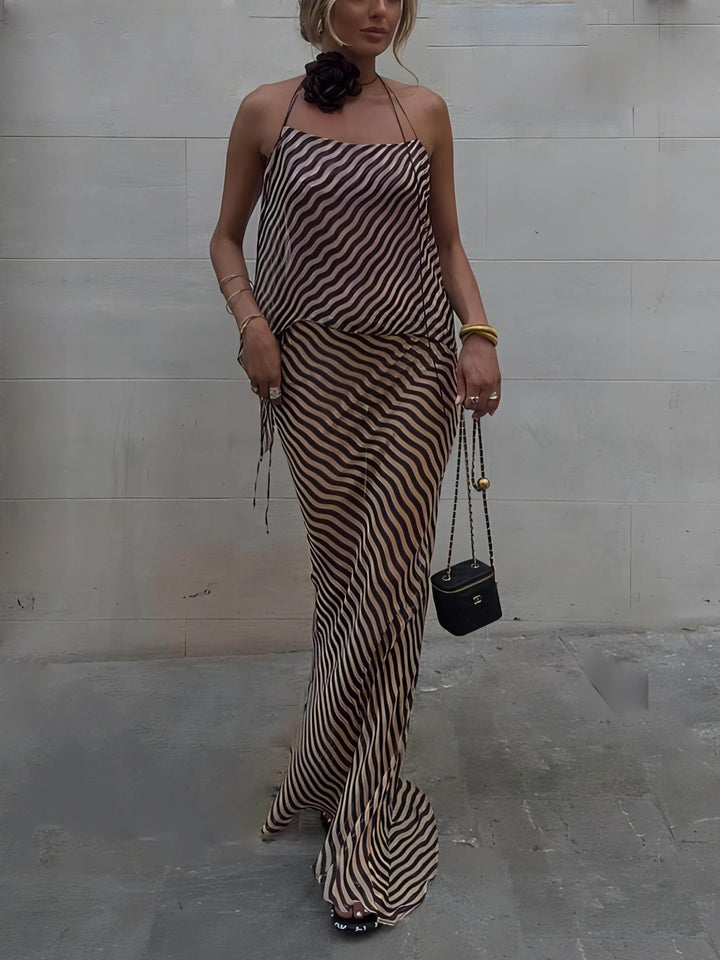 Pruhovaná sexy Slim Fit ohlávka Top a sukně, dvoudílná sada