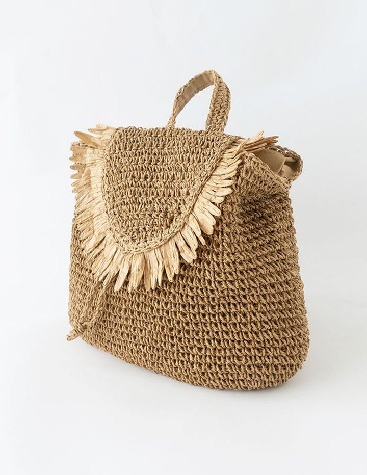 Caramel Fringed Trim Vevd Straw Ryggsekk