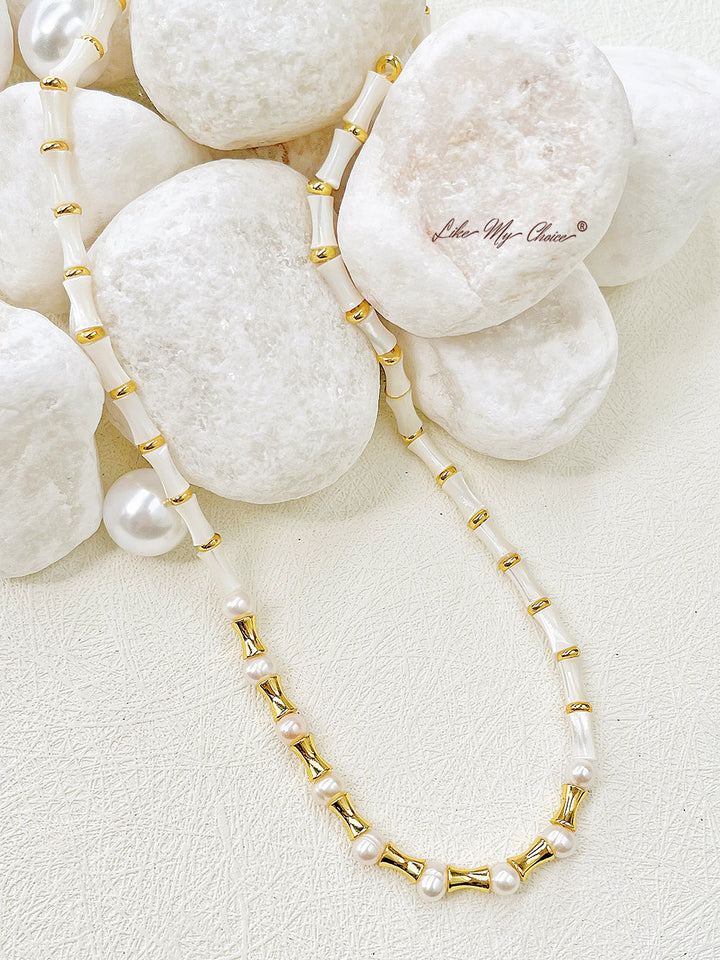 Bohemian Geometric Stone Real Pearls Halsband med Vintage Charm