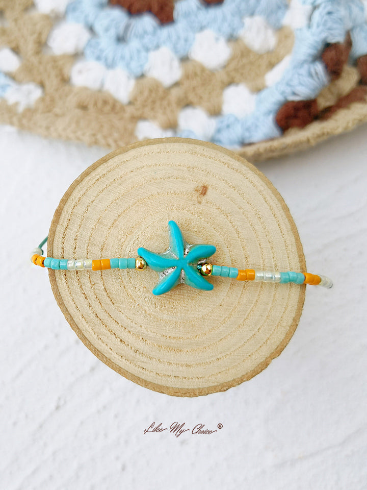 Pulsera De Cuentas Con Cordón Ajustable Estrella De MarTurquesa