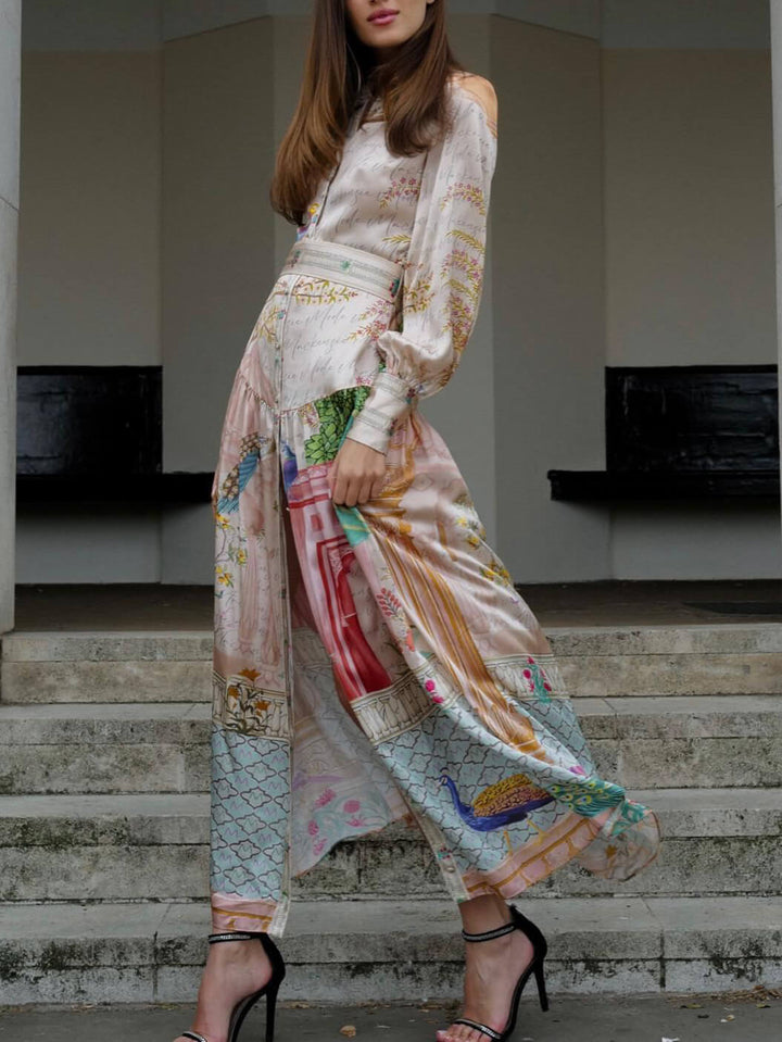 Exquisite Satin Print Palace Style Lantern Sleeve Midi Dress