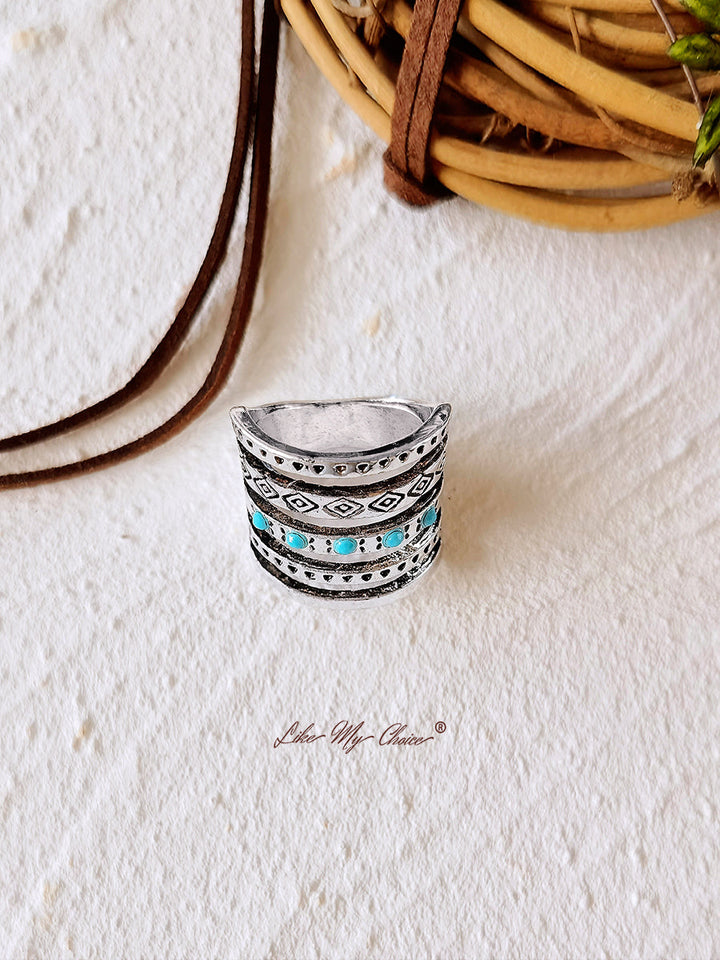 Vintage gegraveerde holle turquoise Boho-ring