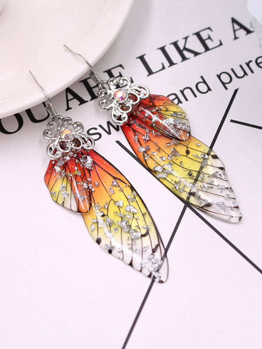 Pendientes de cristal de ala de cigarra con diamantes de imitación amarillos con ala de mariposa