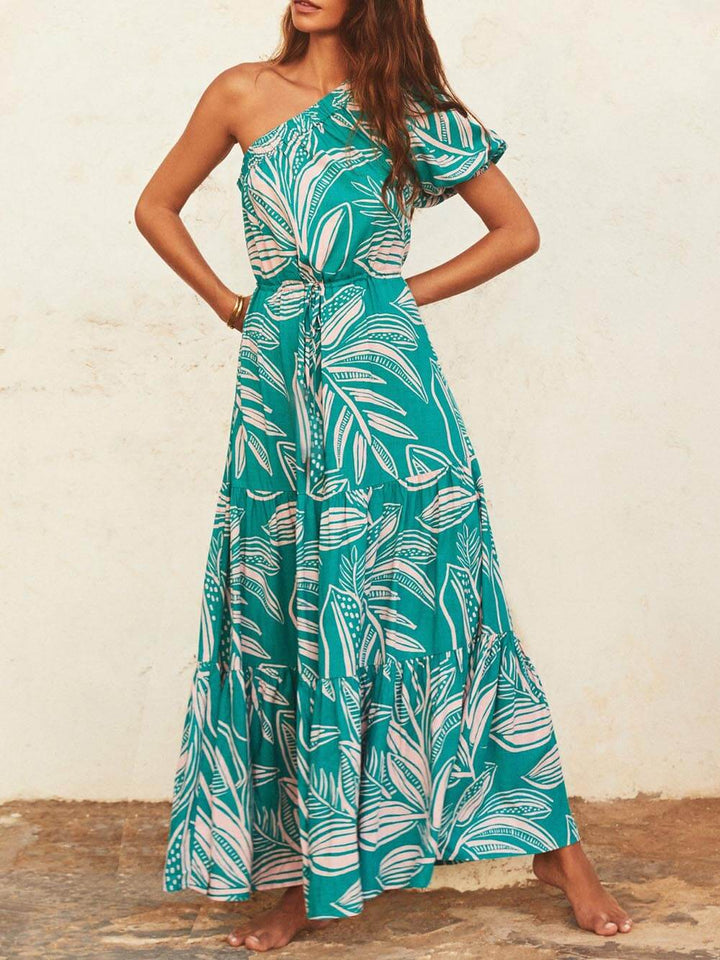 Robe florale de style vacances à épaules dénudées et imprimé feuilles de palmier