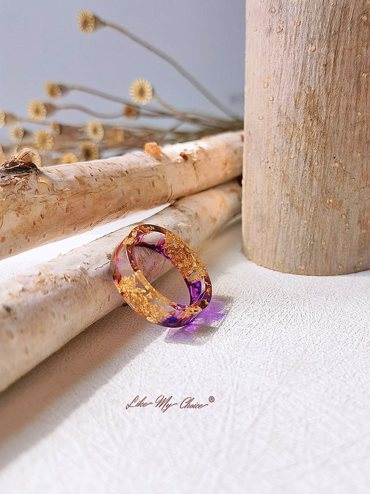 Handmade Dried Flower Gold Foil Colorful Resin Ring