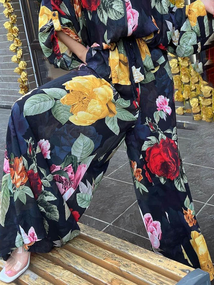 Stylish Unique Printed Elastic Waist Pocket Wide Leg Pants