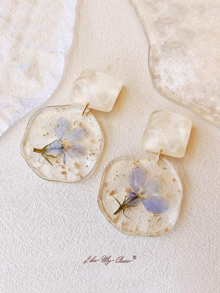Πρεσαριστά Σκουλαρίκια Λουλούδι - Εποξειδικά Vintage Μπλε Ρομαντικά